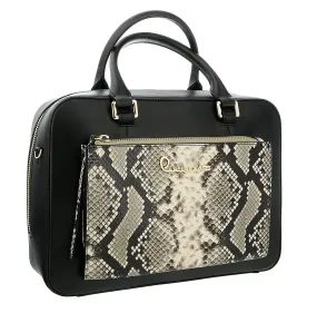 Roberto Cavalli Class Black Snakeskin Textured  Structured Susan Twin Handle Medium Handbag