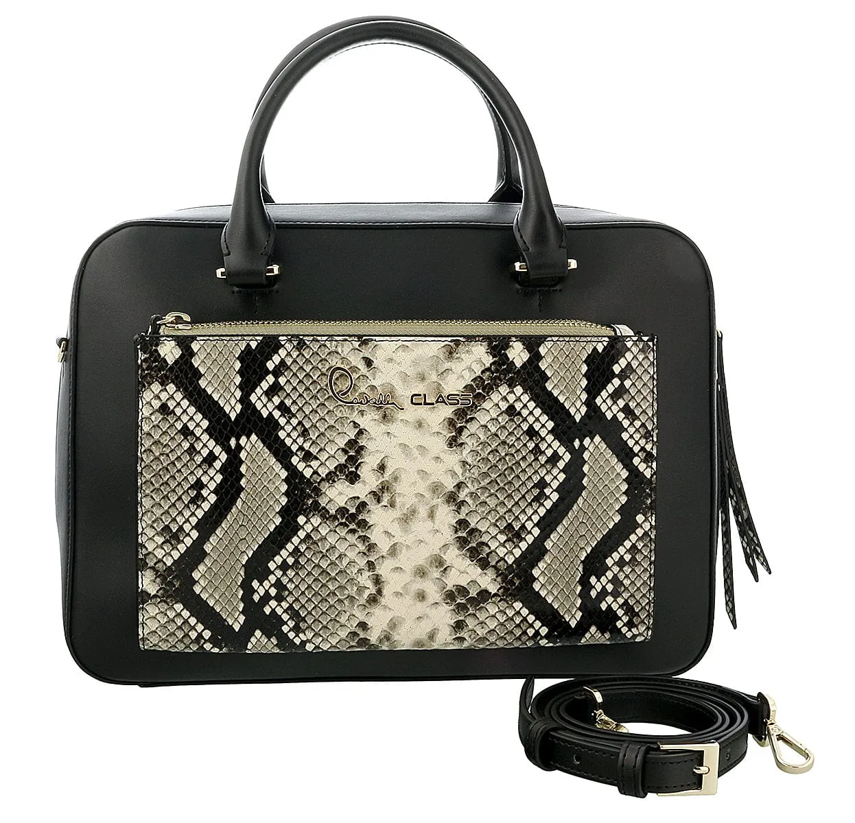 Roberto Cavalli Class Black Snakeskin Textured  Structured Susan Twin Handle Medium Handbag