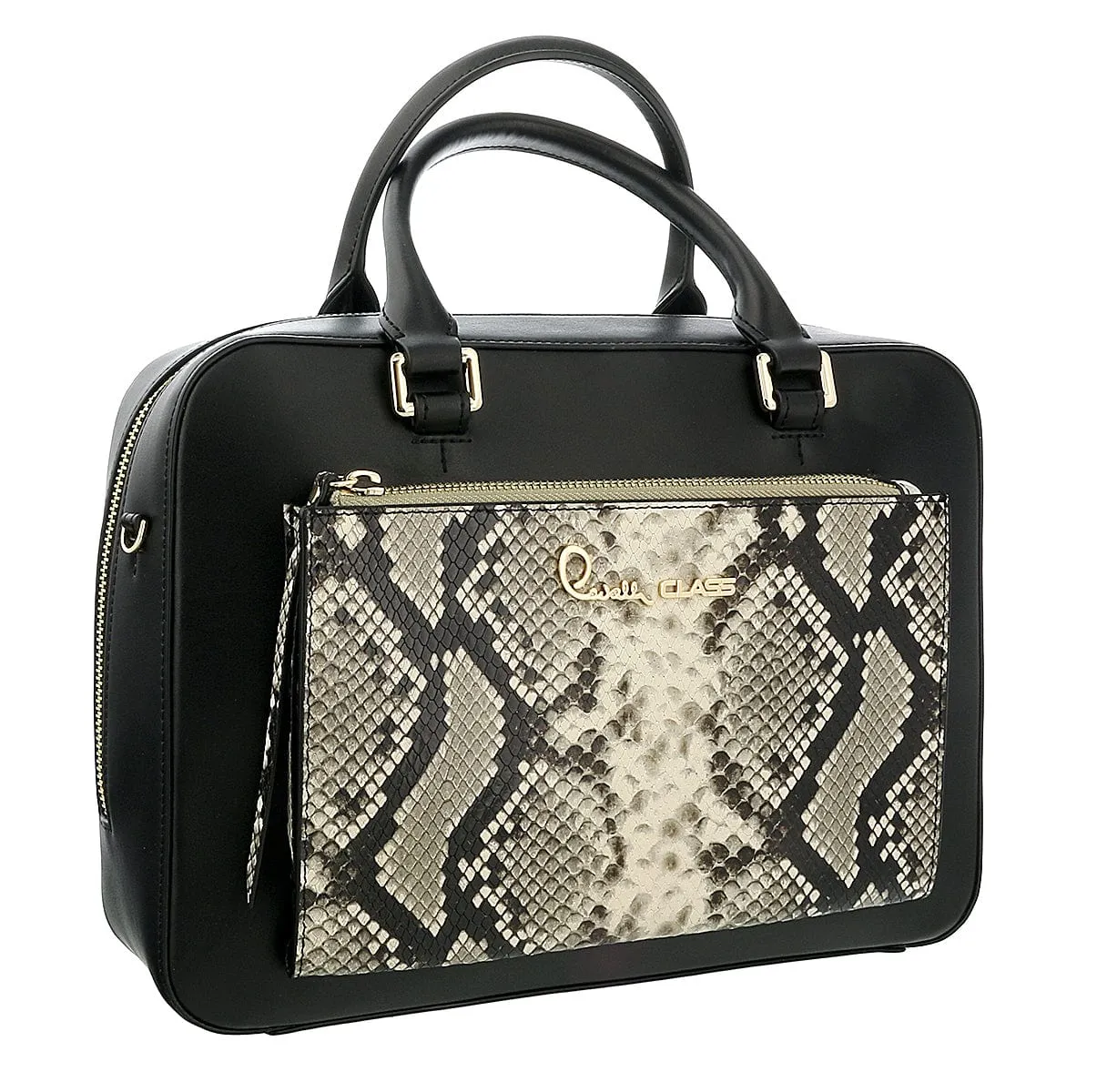 Roberto Cavalli Class Black Snakeskin Textured  Structured Susan Twin Handle Medium Handbag