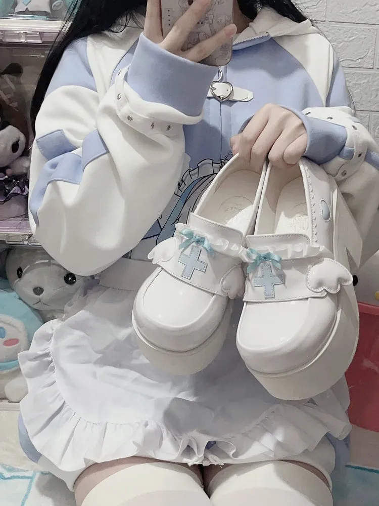 Tenshi Kaiwai Light Blue Yami Kawaii Cross Bowknot Platform Loafers