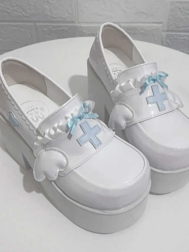 Tenshi Kaiwai Light Blue Yami Kawaii Cross Bowknot Platform Loafers