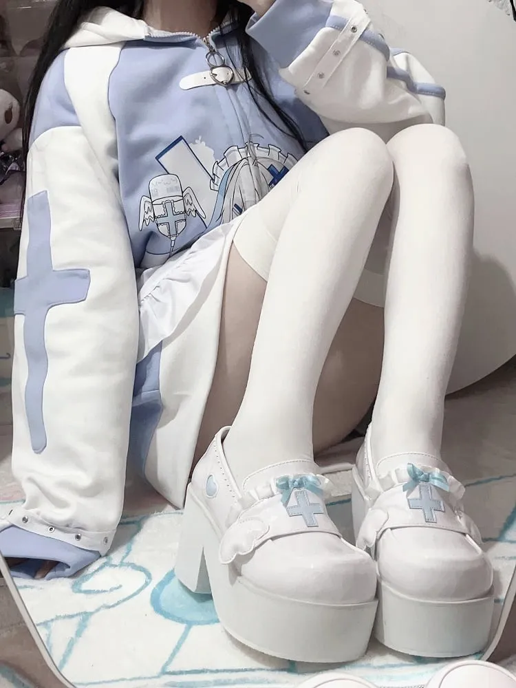 Tenshi Kaiwai Light Blue Yami Kawaii Cross Bowknot Platform Loafers