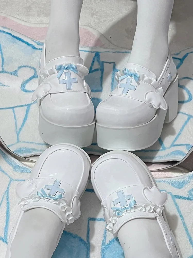 Tenshi Kaiwai Light Blue Yami Kawaii Cross Bowknot Platform Loafers