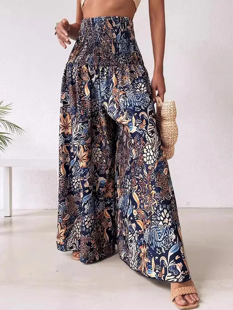 UAKISS  -  Boho Floral Print Shirred High Waist Wide Leg Pants Women 2024 Temperament Elastic High Waist Swing Long Y2k Trousers Streetwear