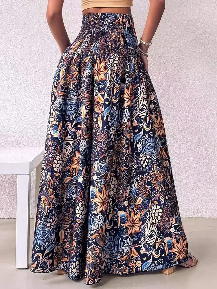 UAKISS  -  Boho Floral Print Shirred High Waist Wide Leg Pants Women 2024 Temperament Elastic High Waist Swing Long Y2k Trousers Streetwear