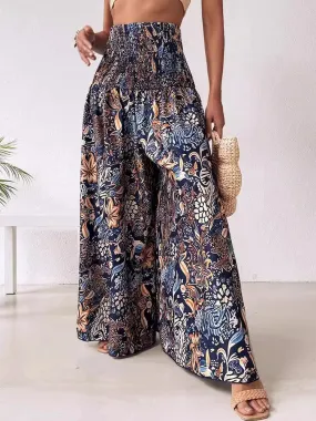 UAKISS  -  Boho Floral Print Shirred High Waist Wide Leg Pants Women 2024 Temperament Elastic High Waist Swing Long Y2k Trousers Streetwear