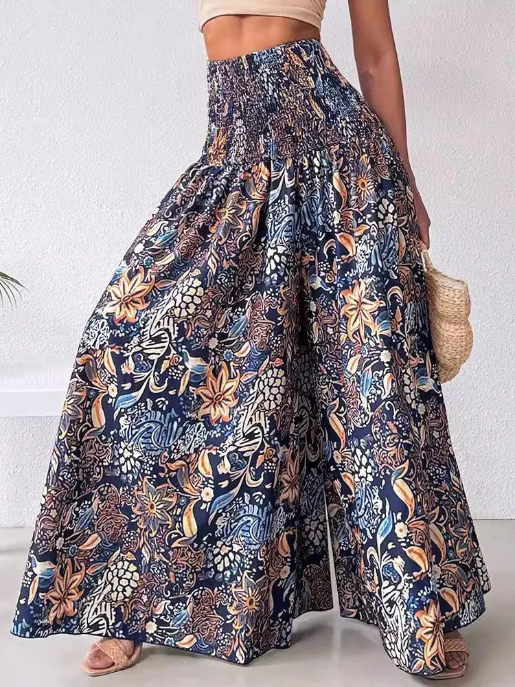 UAKISS  -  Boho Floral Print Shirred High Waist Wide Leg Pants Women 2024 Temperament Elastic High Waist Swing Long Y2k Trousers Streetwear