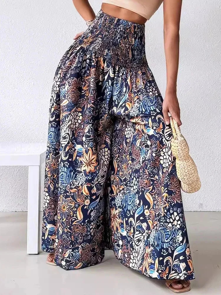 UAKISS  -  Boho Floral Print Shirred High Waist Wide Leg Pants Women 2024 Temperament Elastic High Waist Swing Long Y2k Trousers Streetwear