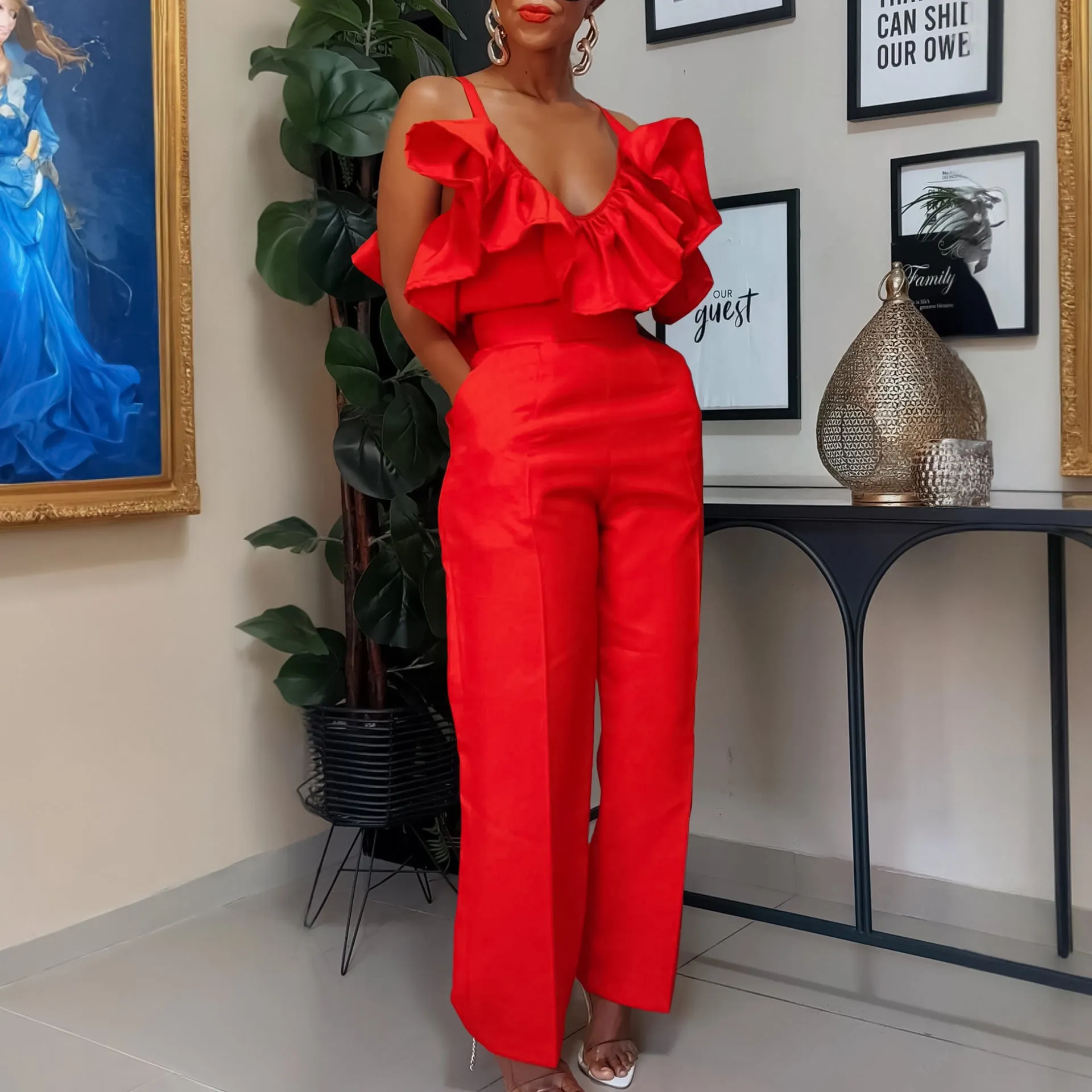 Women Clothing Summer V Neck Flounce Sling Top High Waist Trousers African Suit