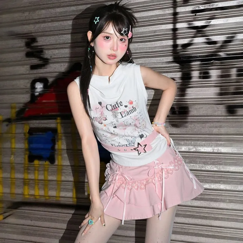 Y2K Style Pink High Waist Cake Skirt